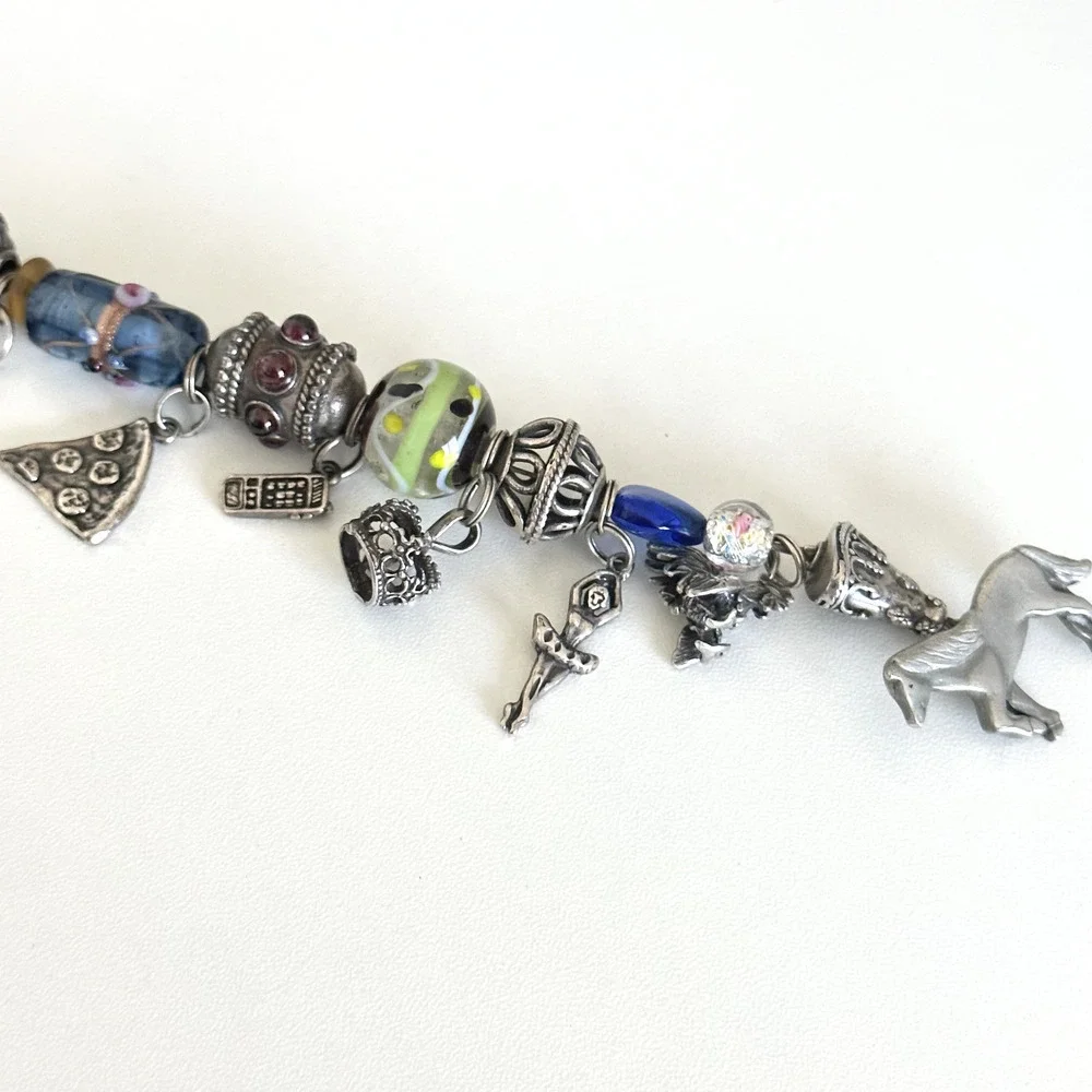Vintage 925 Sterling Silver Garnet Murano Art Glass Loaded Charm Bracelet 7